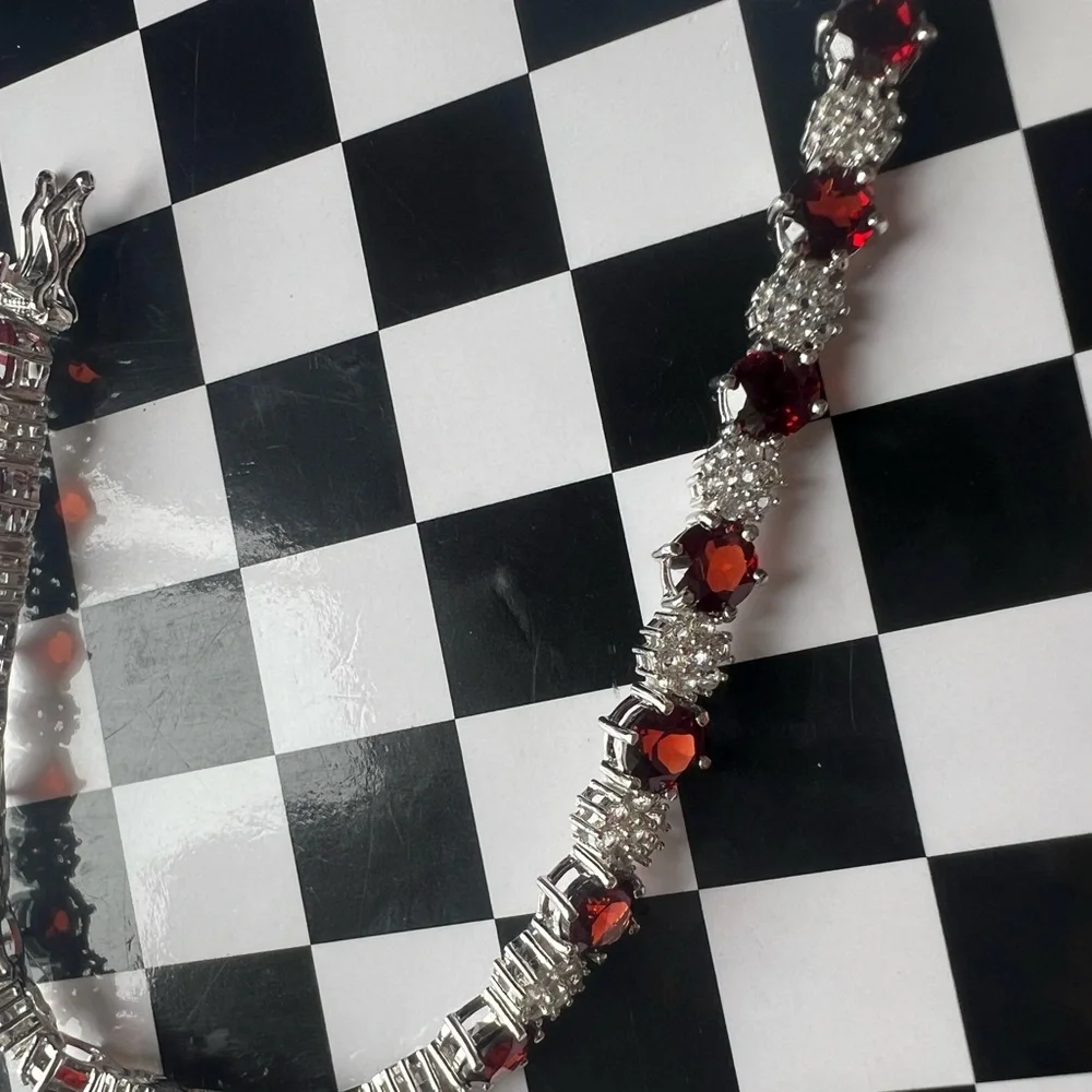 Red Garnet ♥️ Rhodium over Sterling Silver 🩶 Bracelet - Picture 4 of 15